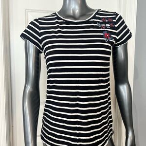 LOFT Black and White Striped Tee with Red Floral Embroidered Detail